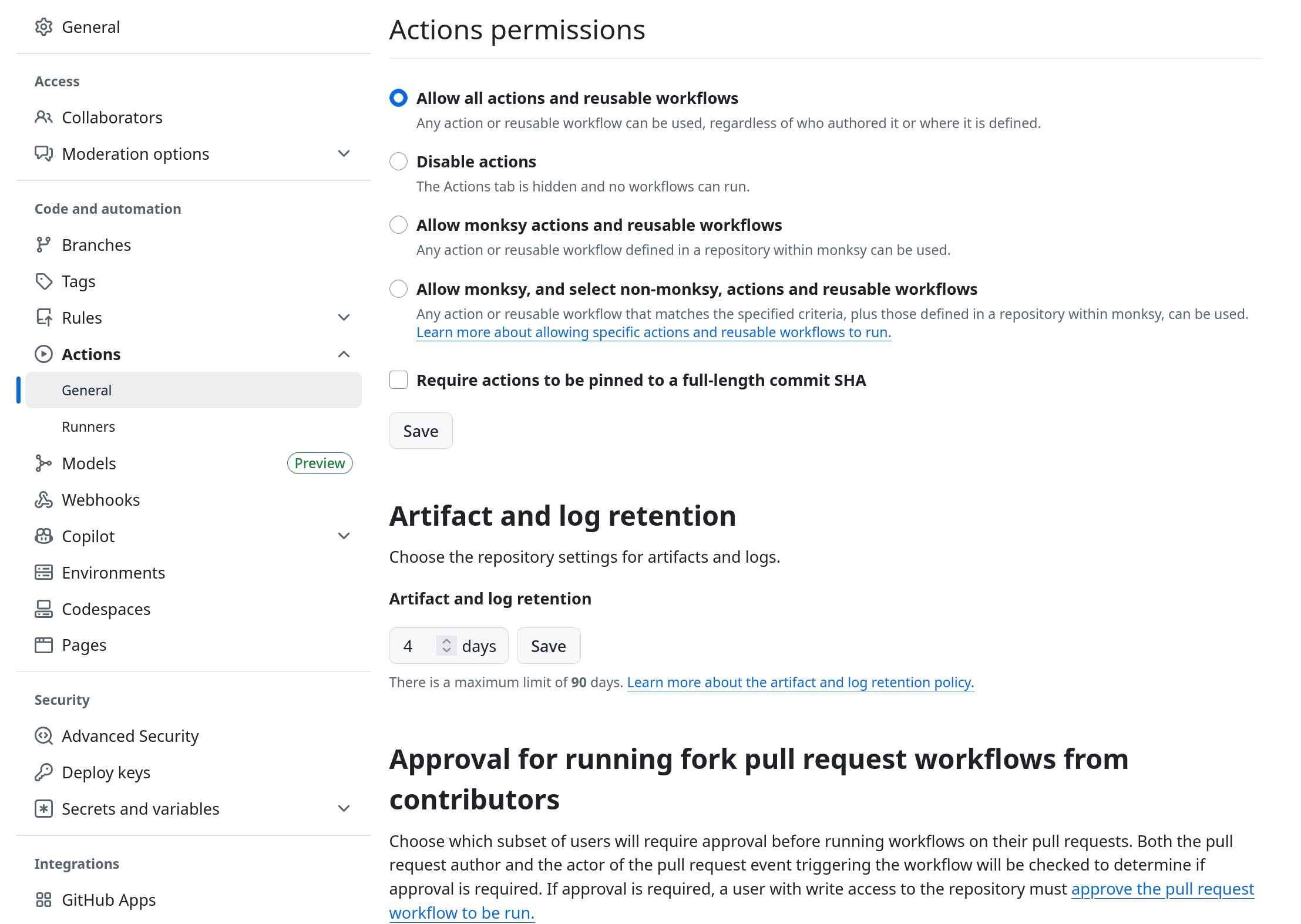 Github Project Artifacts and Logging Retention